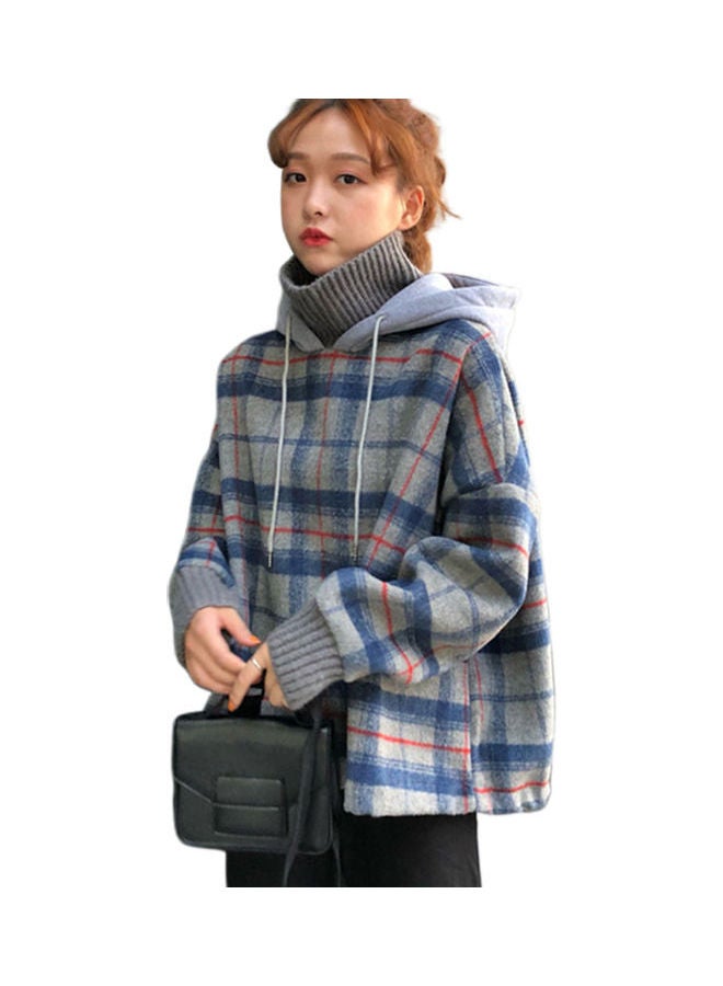 Checked Pattern Casual Hoodie Blue/Grey - Image 1
