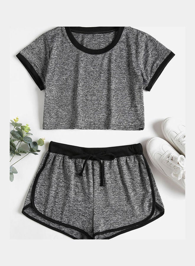 2-Piece Round Neck Top And Shorts Set Dark Grey