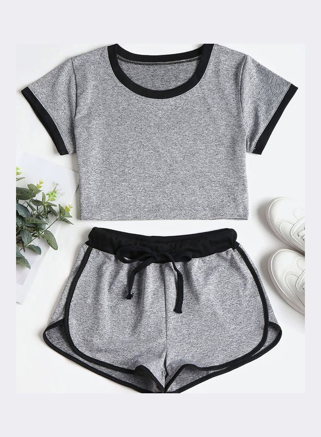 2-Piece Round Neck Top And Shorts Set Light Grey