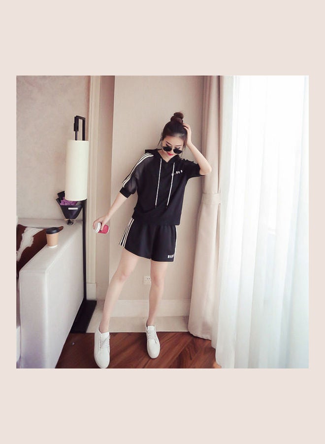 2-Piece Casual Hoodie And Shorts Set Black 