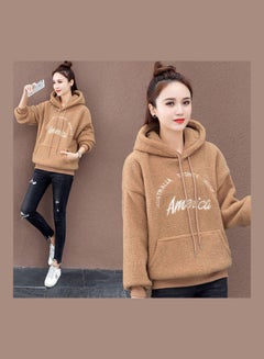 Embroidery Letters Thicken Plush Hoodie Sweatshirt Khaki