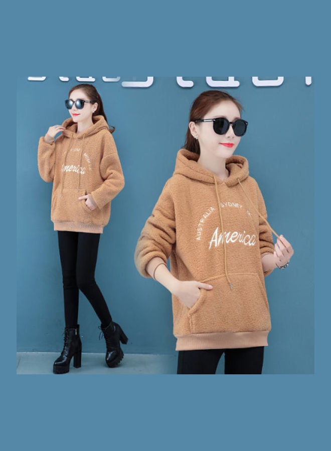 Generic - Embroidery Letters Thicken Plush Hoodie Sweatshirt Khaki - Image 1