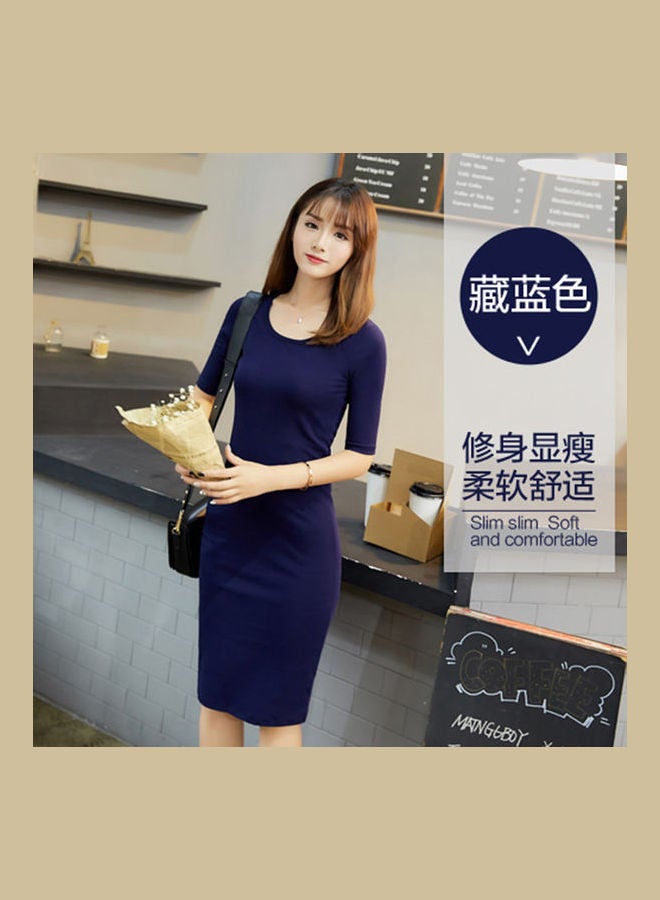 Round Neck Cotton Solid Colour Costume Dark blue - Image 1