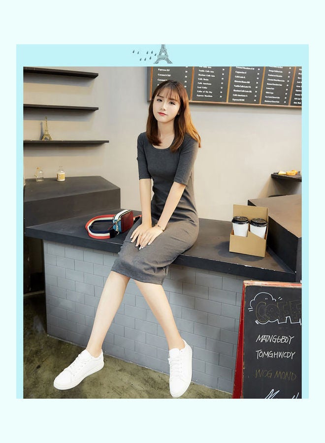 Round Neck Cotton Solid Colour Costume Dark Grey - Image 2