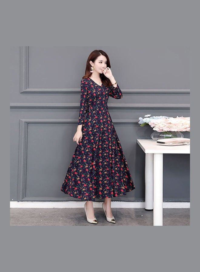 Floral Printed Casual Long Dress Blue - Image 1