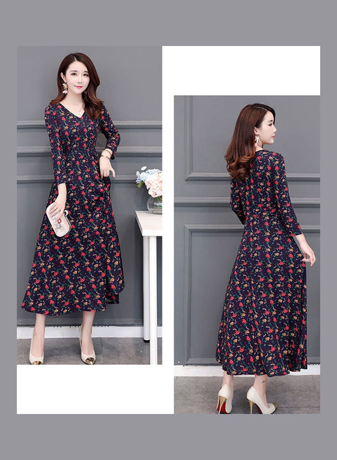 Floral Printed Casual Long Dress Blue - Image 2