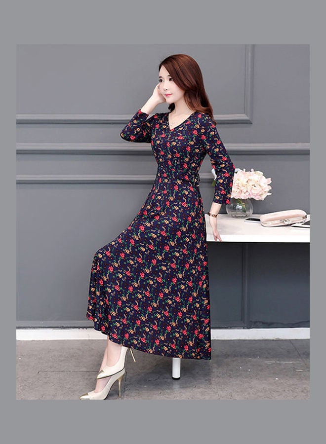 Floral Printed Casual Long Dress Blue - Image 3