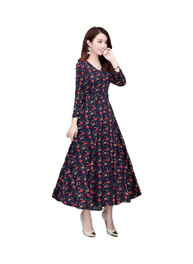 Floral Printed Casual Long Dress Blue - Image 4