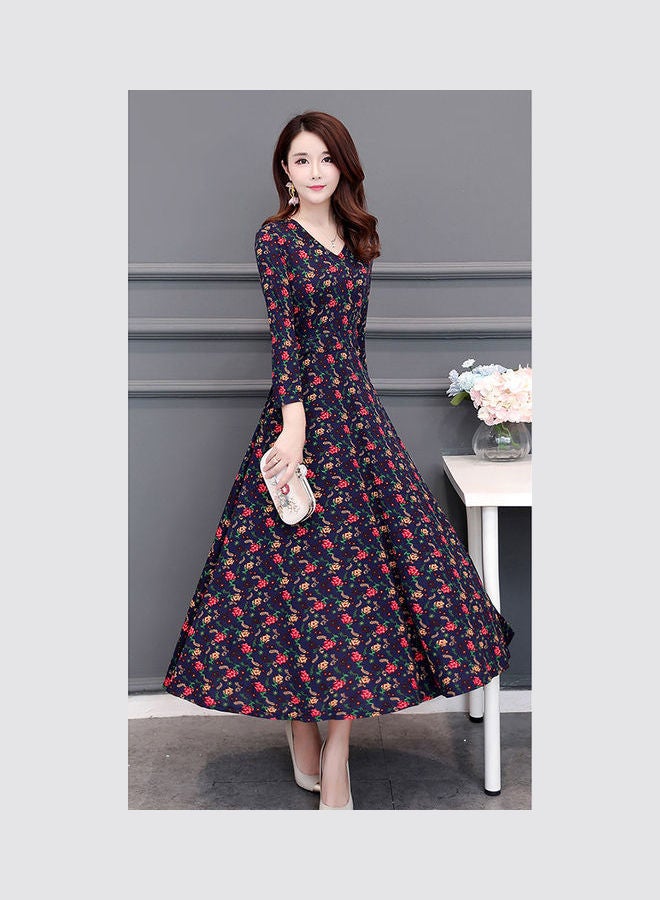 Floral Printed Casual Long Dress Blue - Image 2