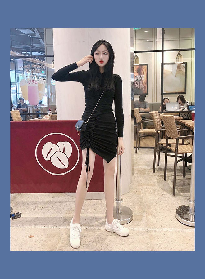 Autumn Drawstring Pleated Irregular Dress Black - Image 3