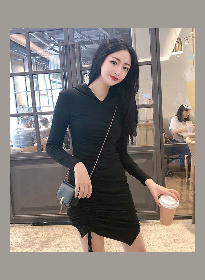 Autumn Drawstring Pleated Irregular Dress Black - Image 5