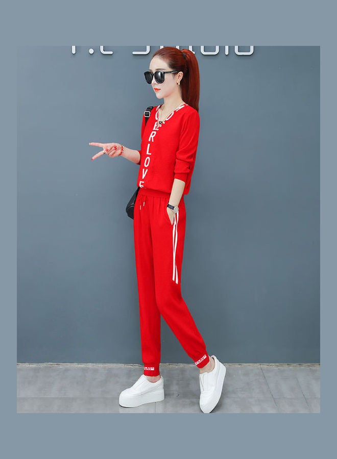 2-Piece V-Neck Top And Drawstring Pants Set Red/White - Image 2