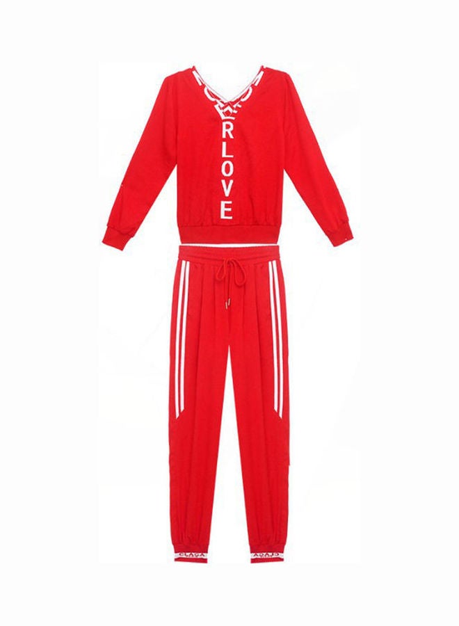 2-Piece V-Neck Top And Drawstring Pants Set Red/White - Image 1