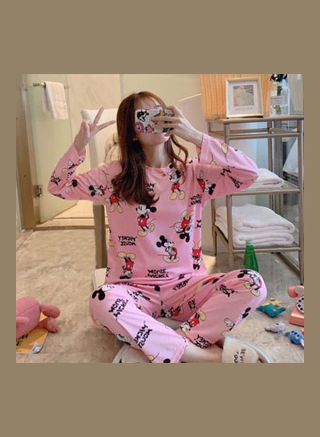 Cute Cartoon Printed Long Sleeves Top and Pajama Suit Pink - Image 1