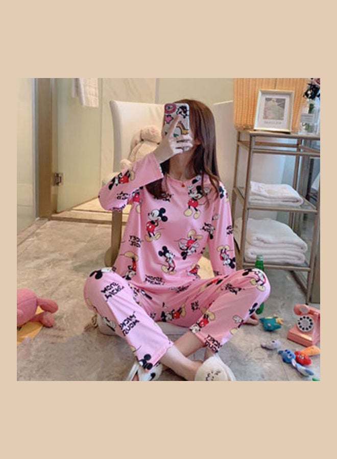 Cute Cartoon Printed Long Sleeves Top and Pajama Suit Pink - Image 2
