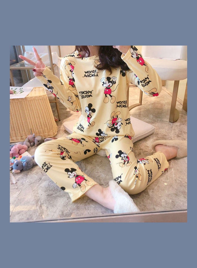 Cute Cartoon Printed Long Sleeves Top and Pajama Suit Yellow - Image 1