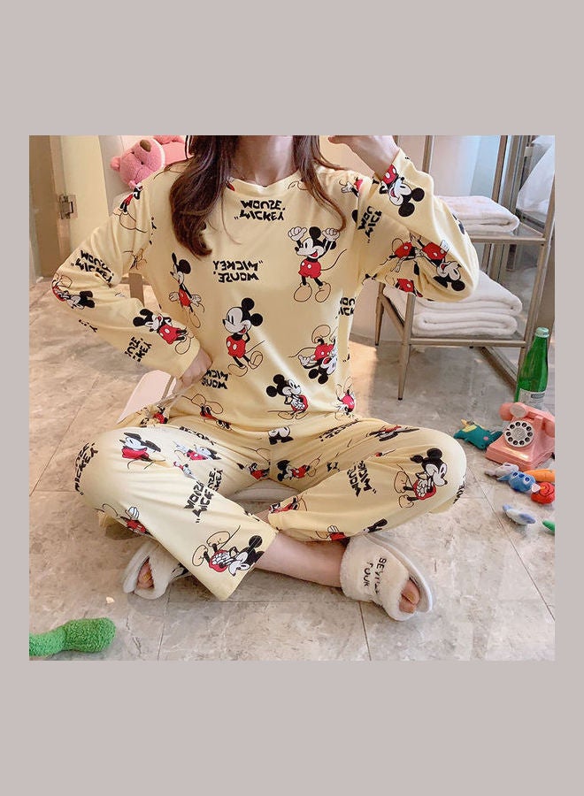 Cute Cartoon Printed Long Sleeves Top and Pajama Suit Yellow - Image 2