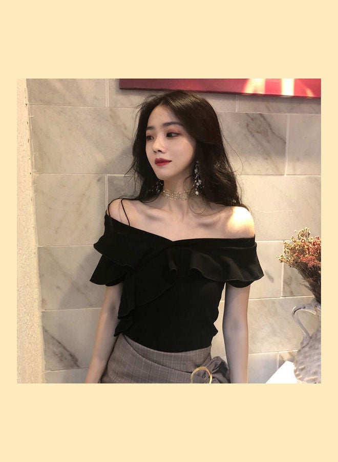 Short-Length Pure Colour Short T-Shirt Black  - Image 1