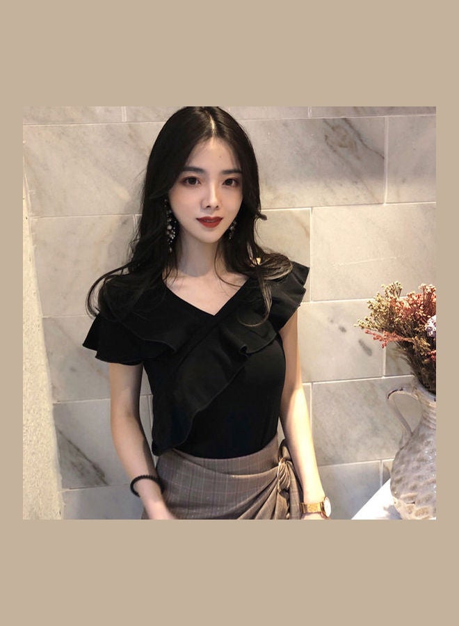 Short-Length Pure Colour Short T-Shirt Black  - Image 3