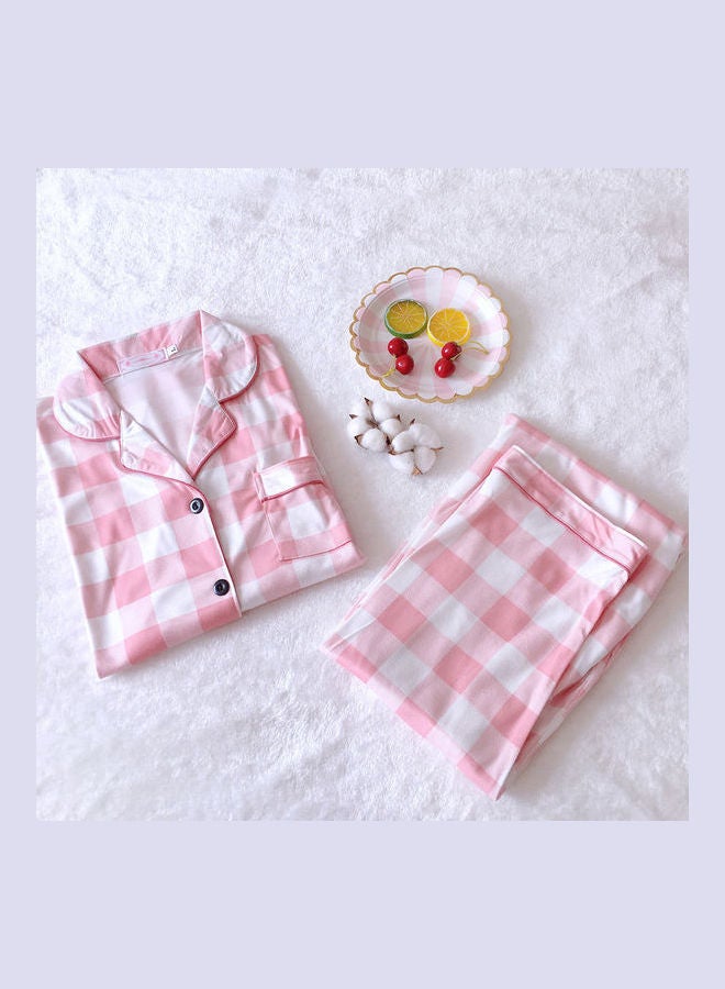 Sweet Plaid Pattern Spring Autumn Top and Trouser Nighty Set Pink/White - Image 3