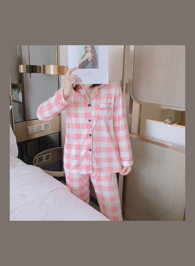 Sweet Plaid Pattern Spring Autumn Top and Trouser Nighty Set Pink/White - Image 2