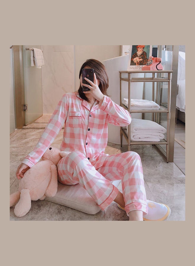 Sweet Plaid Pattern Spring Autumn Top and Trouser Nighty Set Pink/White - Image 1