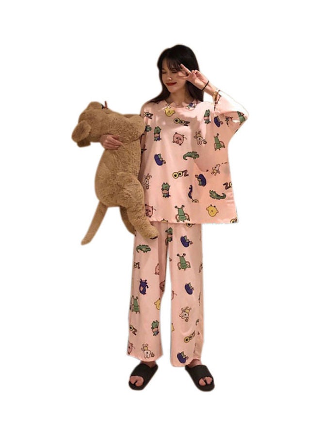 2-Piece Cartoon Printed Top+Pajama+Pouch Set Pink - Image 2