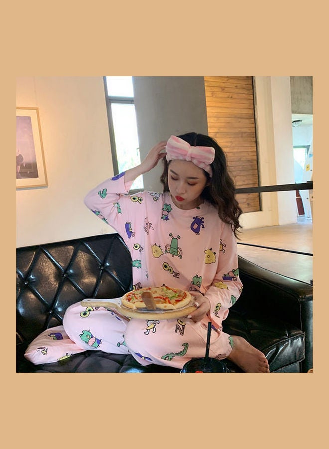 2-Piece Cartoon Printed Top+Pajama+Pouch Set Pink - Image 1