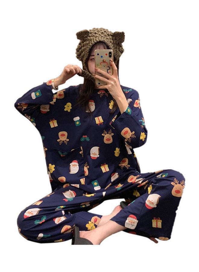 2-Piece Cartoon Printed Top+Pajama Set Blue - Image 1
