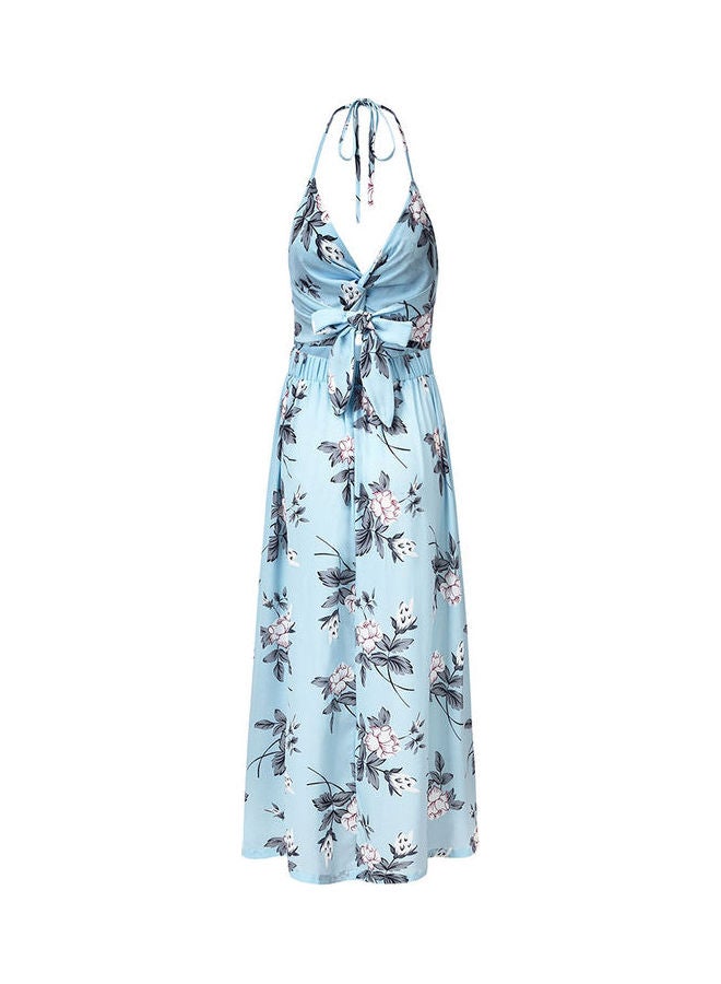 V Neck Sling Beach Elegant Floral Printing Long Slit Dress Blue - Image 3