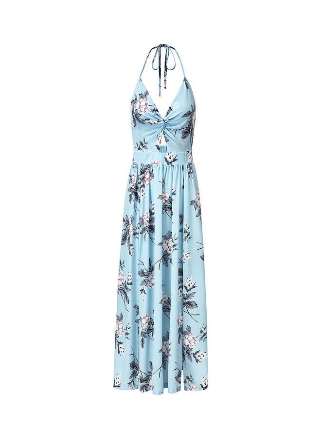 V Neck Sling Beach Elegant Floral Printing Long Slit Dress Blue - Image 5