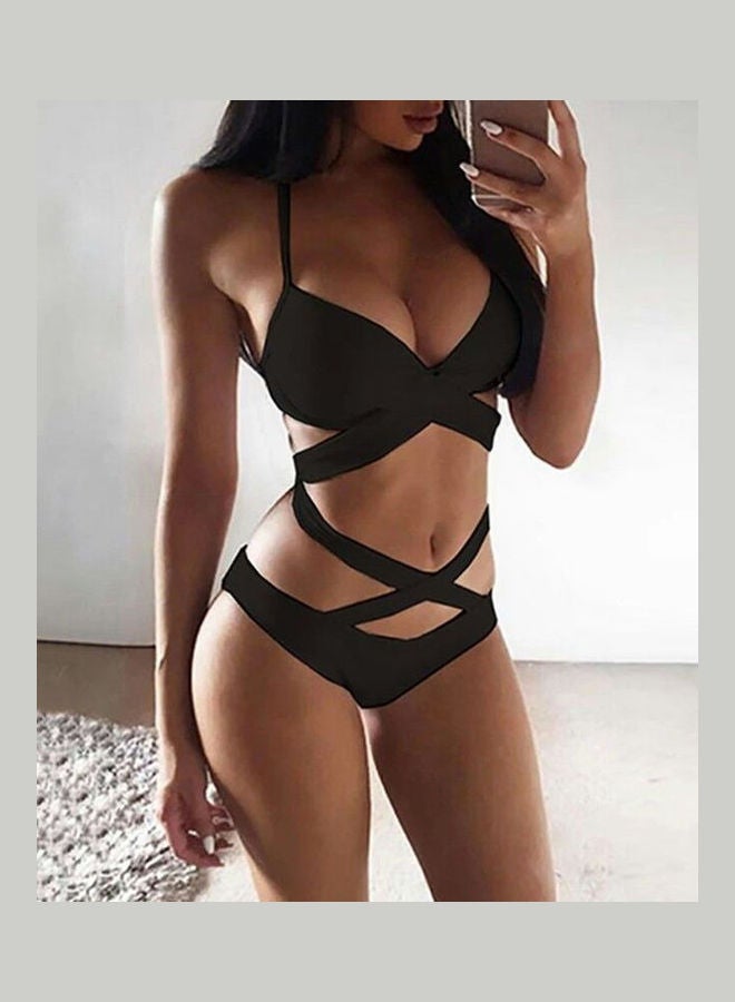 Lacing Bikini Bra Briefs Set Black  - Image 2