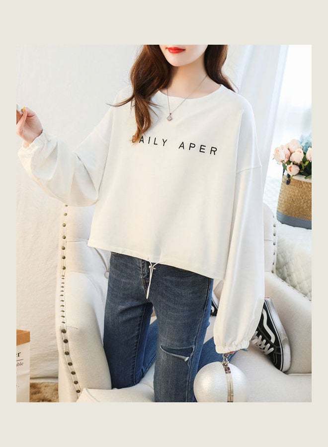 Long Sleeved Round Neck Loose Top Pullover T-shirt White  - Image 1