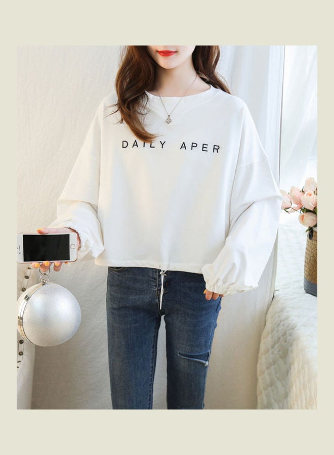 Long Sleeved Round Neck Loose Top Pullover T-shirt White  - Image 2