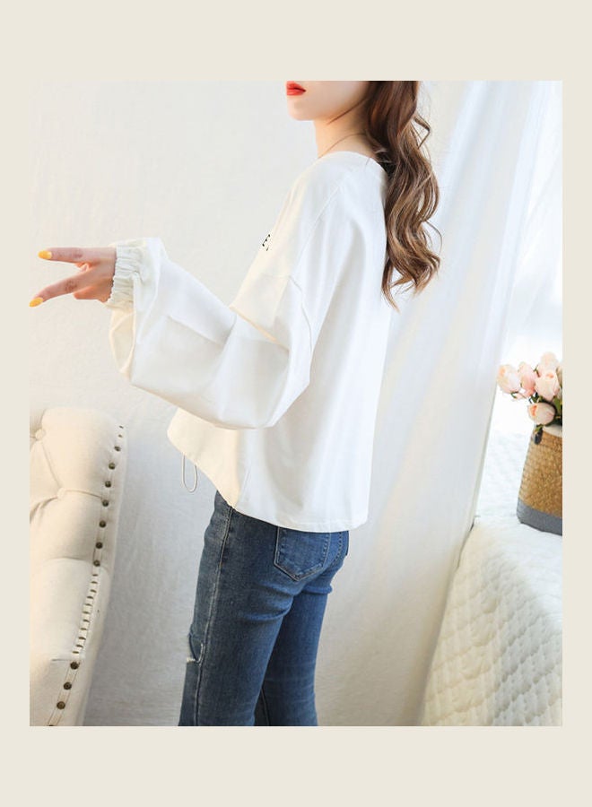Long Sleeved Round Neck Loose Top Pullover T-shirt White  - Image 3