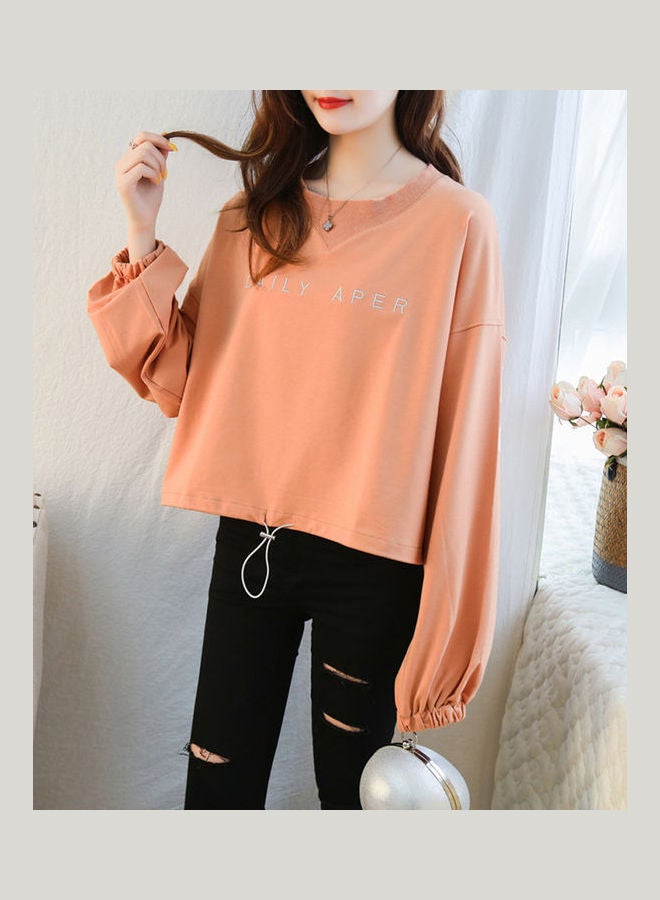 Long Sleeved Round Neck Loose Top Pullover T-shirt With Letters Printed Orange  - Image 1