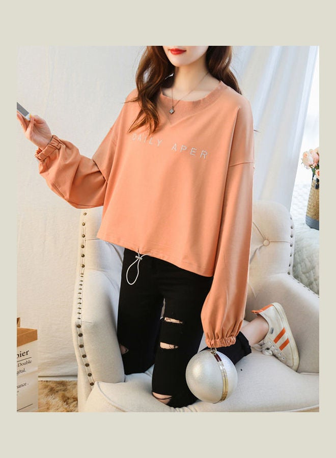 Long Sleeved Round Neck Loose Top Pullover T-shirt With Letters Printed Orange  - Image 2