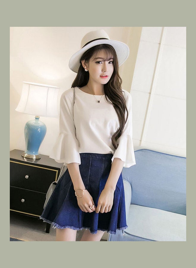 Fashion Spring Summer Long Trumpet Sleeve Ruffle Round Neckline Shirt Top White - Image 1