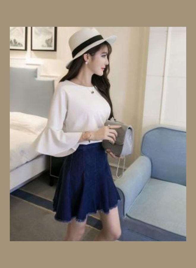 Fashion Spring Summer Long Trumpet Sleeve Ruffle Round Neckline Shirt Top White - Image 2