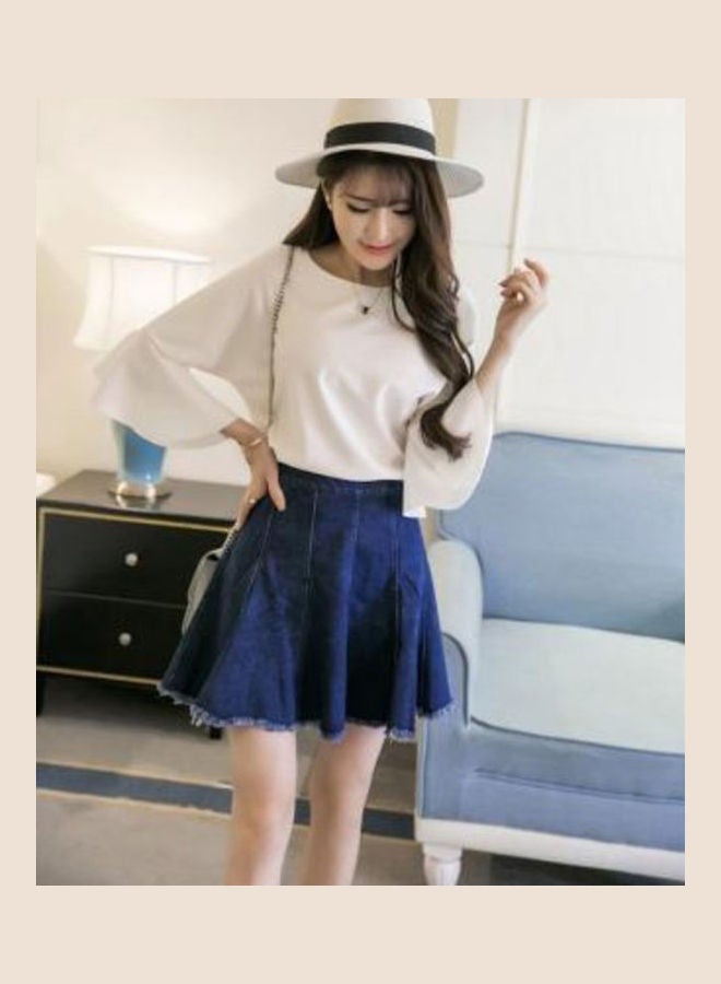 Fashion Spring Summer Long Trumpet Sleeve Ruffle Round Neckline Shirt Top White - Image 3