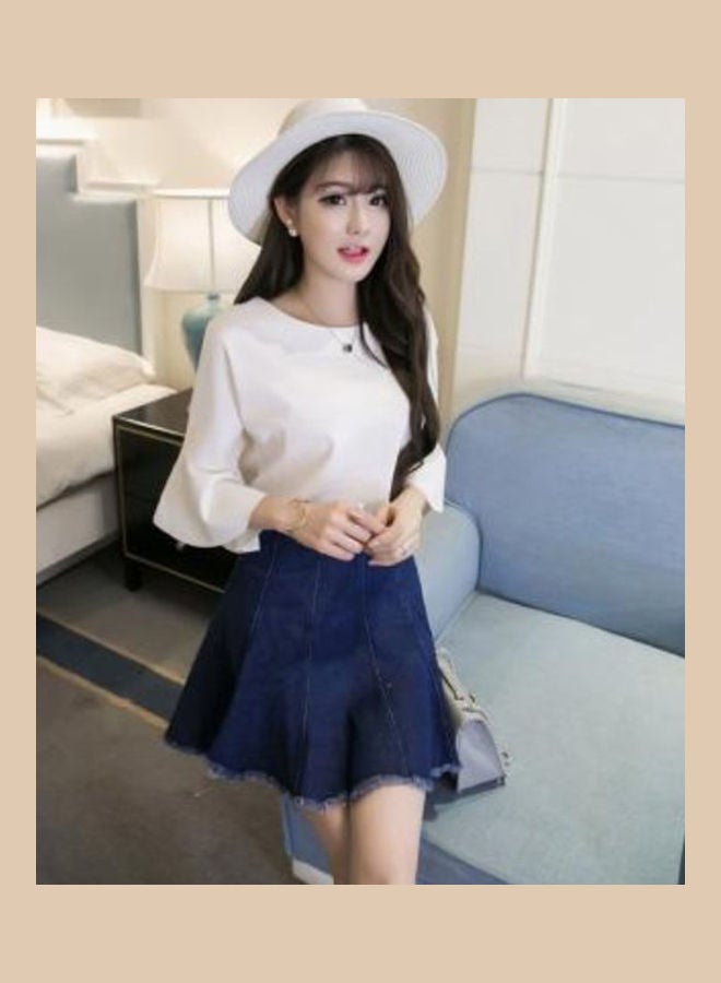 Fashion Spring Summer Long Trumpet Sleeve Ruffle Round Neckline Shirt Top White - Image 4