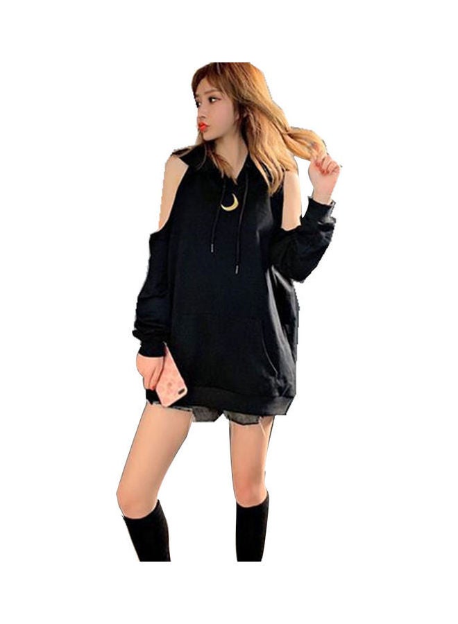 Lazy Hoodie Loose Off The Shoulder Slim Sweatshirt Black - Image 1