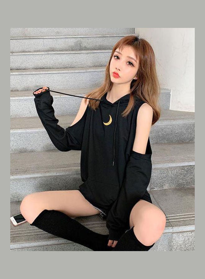 Lazy Hoodie Loose Off The Shoulder Slim Sweatshirt Black - Image 3