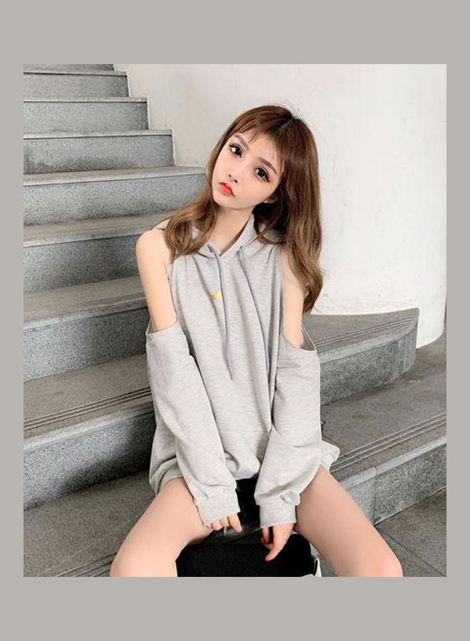 Lazy Hoodie Loose Off The Shoulder Slim Sweatshirt Grey - Image 3