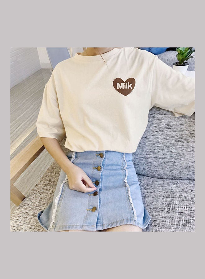 Fashion Cute Cartoon Loose Casual Short Sleeve Tops Apricot - Image 3