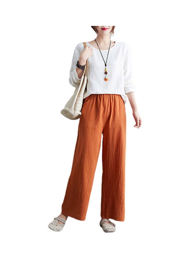 Casual Spring And Summer Cotton Wide Leg High Waist Straight Trousers Pants Orange  - Image 1
