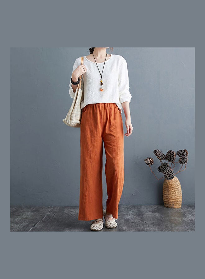 Casual Spring And Summer Cotton Wide Leg High Waist Straight Trousers Pants Orange  - Image 3