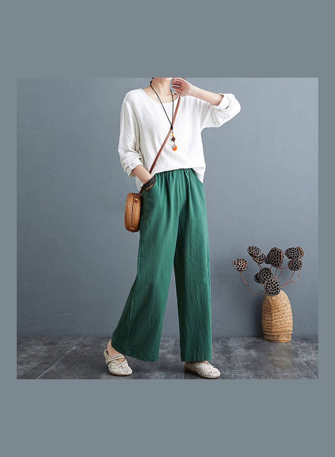 Casual Spring And Summer Cotton Loose Wide Leg High Waist Straight Trousers Pants Green  - Image 3