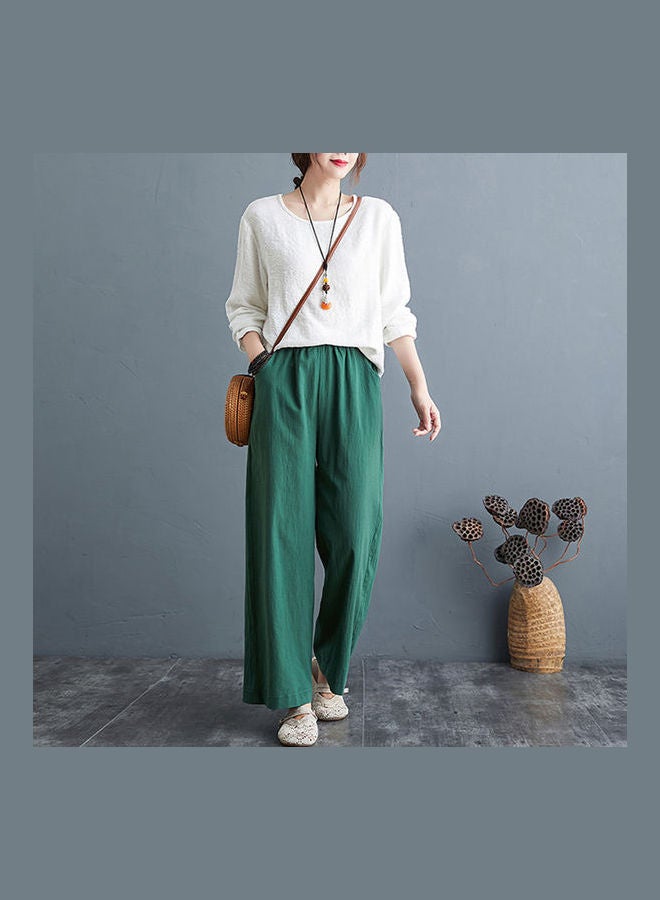 Casual Spring And Summer Cotton Loose Wide Leg High Waist Straight Trousers Pants Green  - Image 4