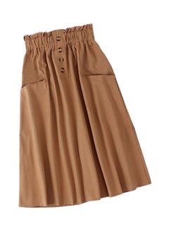 Single Pocket Pleated Elastic Waist Cotton Summer A-line Skirt Khaki
